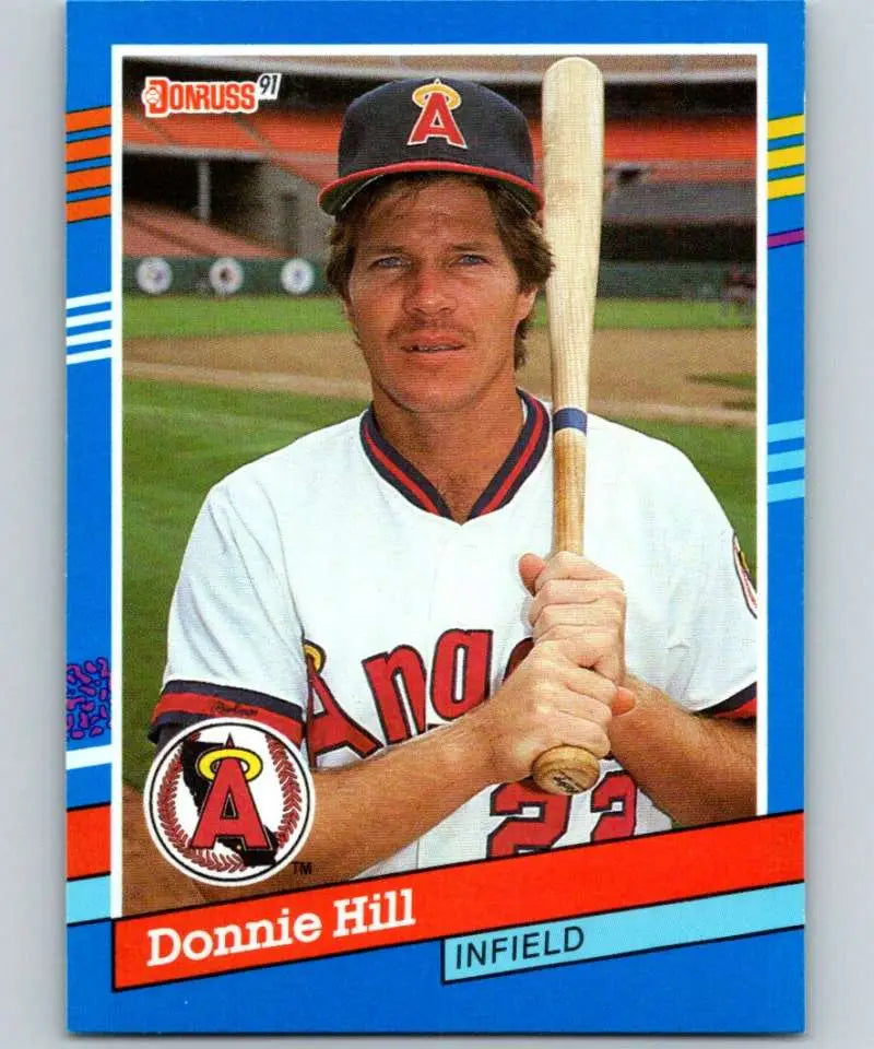 1991 Donruss Baseball Card of Donnie Hill, California Angels Infielder in Home Uniform