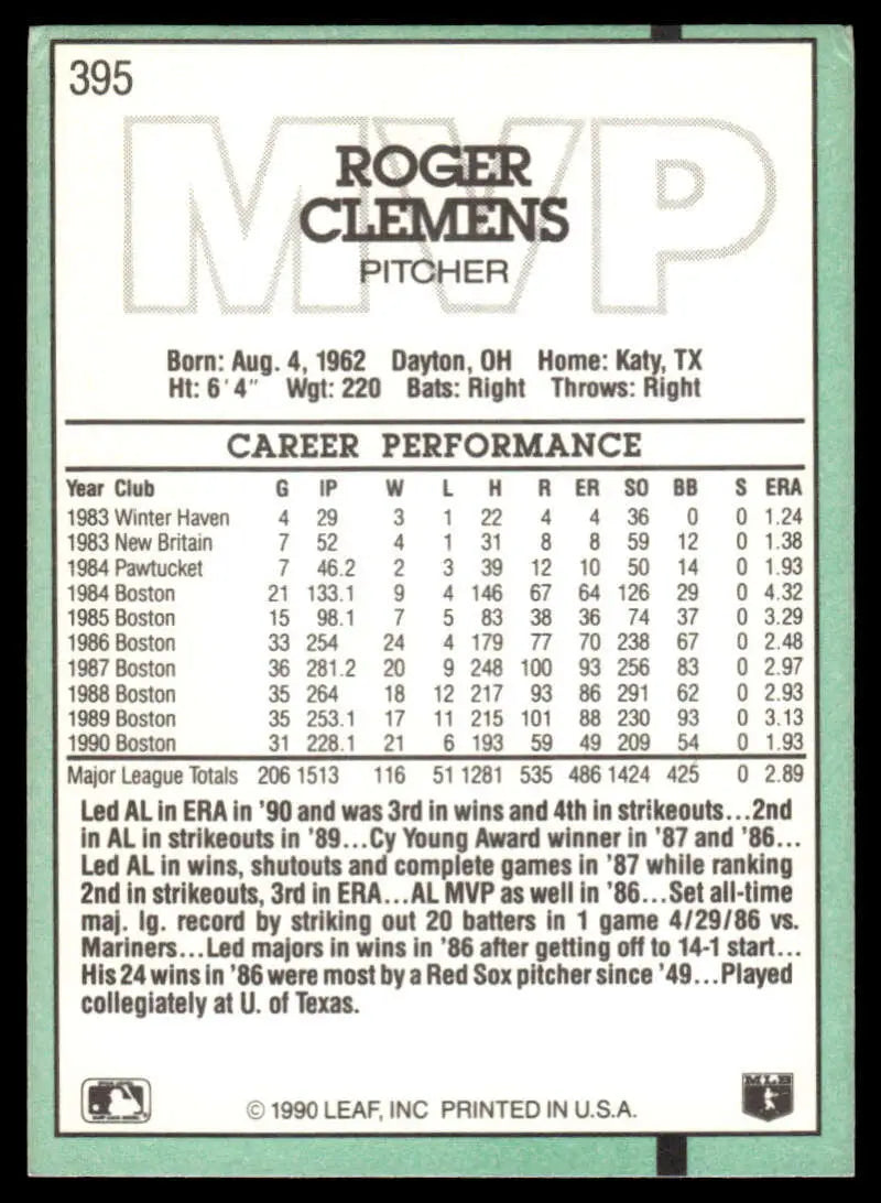 Roger Clemens 1991 Donruss baseball card featuring Boston Red Sox career stats