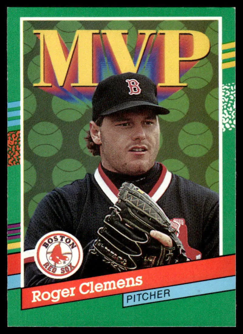 Baseball card of Roger Clemens, Boston Red Sox pitcher, featuring MVP label