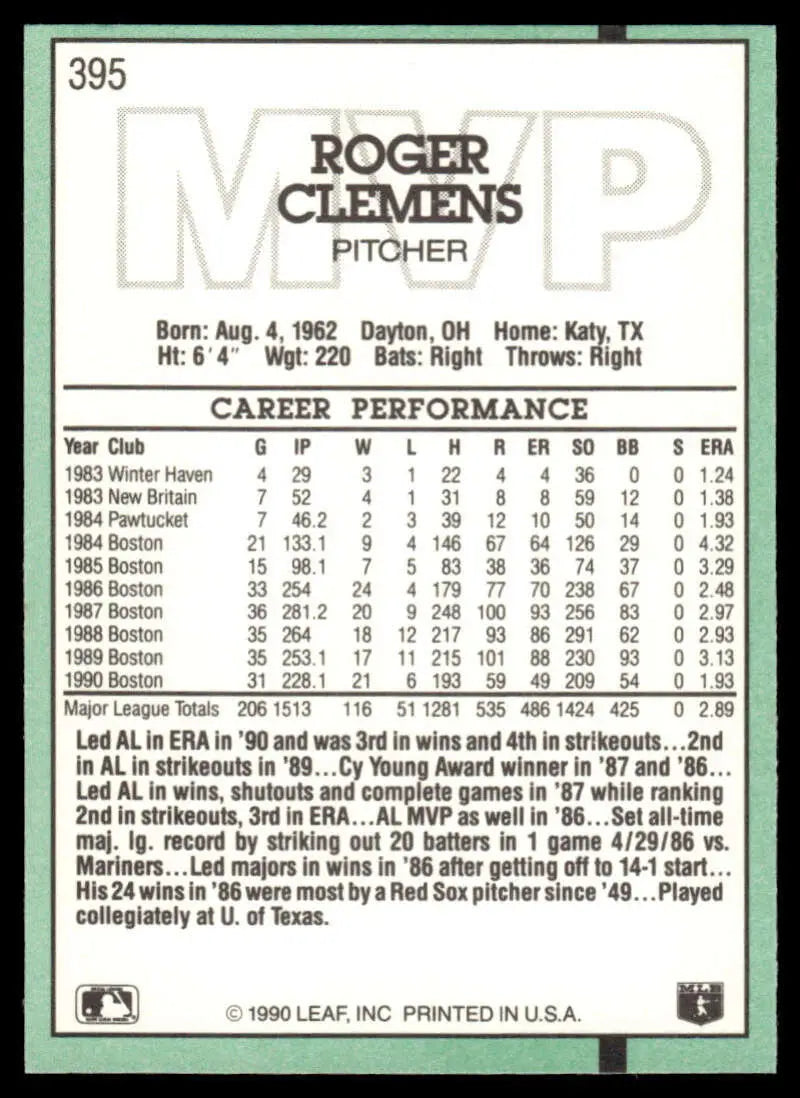 Baseball card featuring Roger Clemens career stats with Boston Red Sox information