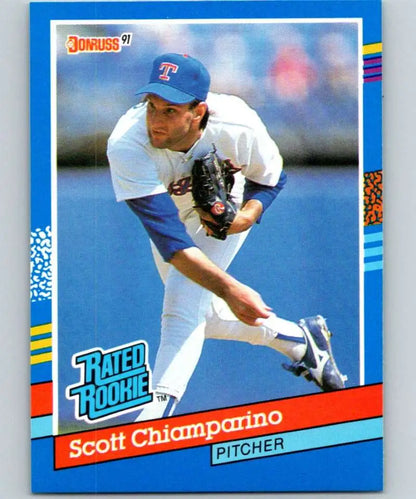 Baseball card of Scott Chiamparino in pitching motion for Texas Rangers