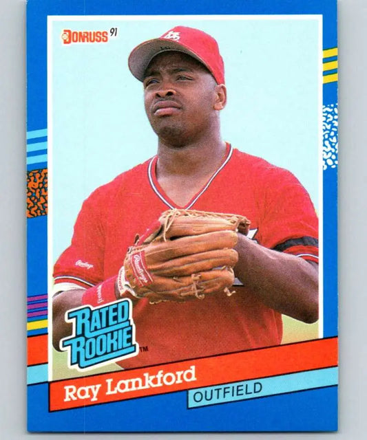 Ray Lankford in red uniform with glove on 1991 Donruss St. Louis Cardinals Baseball Card