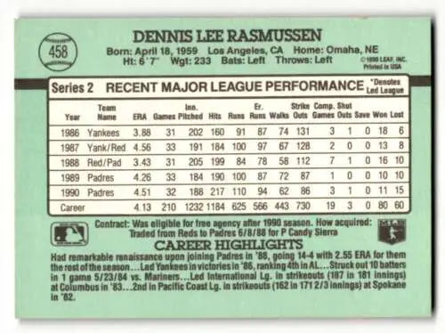 Original gloss 1991 Donruss #458 Dennis Rasmussen San Diego Padres baseball card