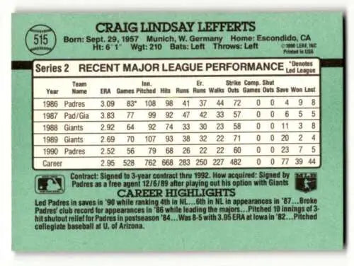 Craig Lefferts San Diego Padres baseball card 1991 Donruss original gloss collectible