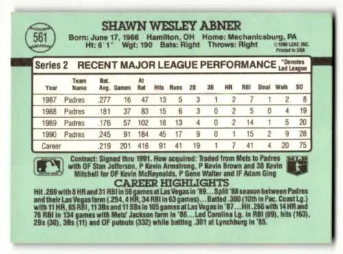 Shawn Abner San Diego Padres baseball card with original gloss from 1991 Donruss