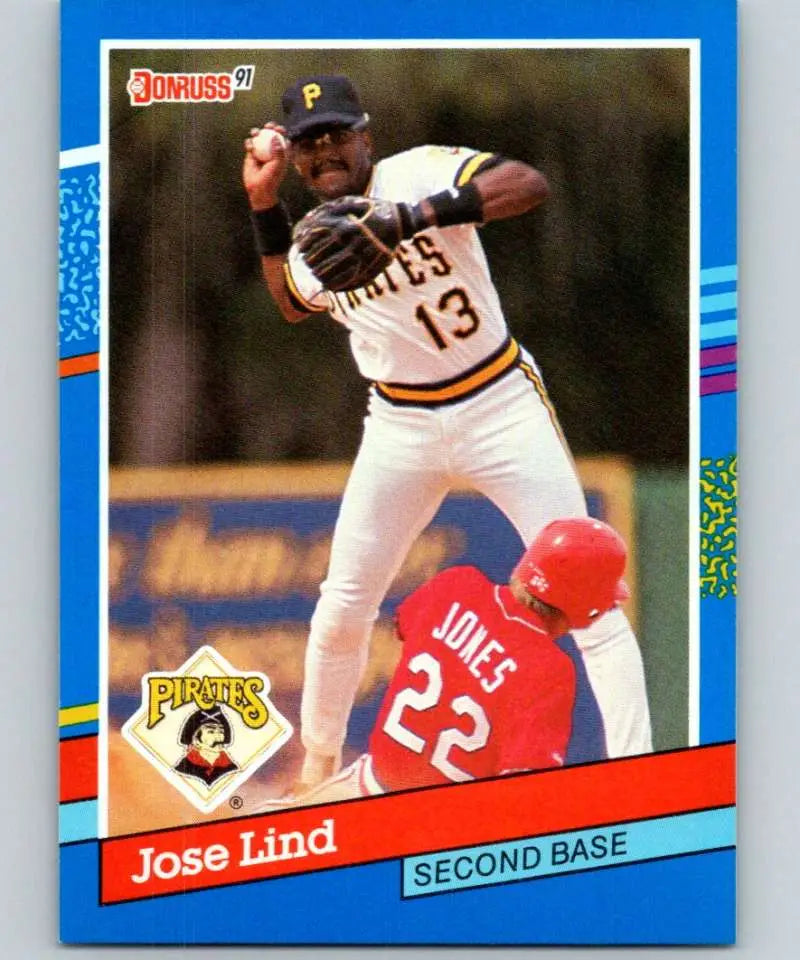 Vintage 1991 Donruss Jose Lind baseball card featuring a Pittsburgh Pirates double play