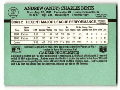 Back of 1991 Donruss #627 Andy Benes San Diego Padres Baseball Card with original gloss