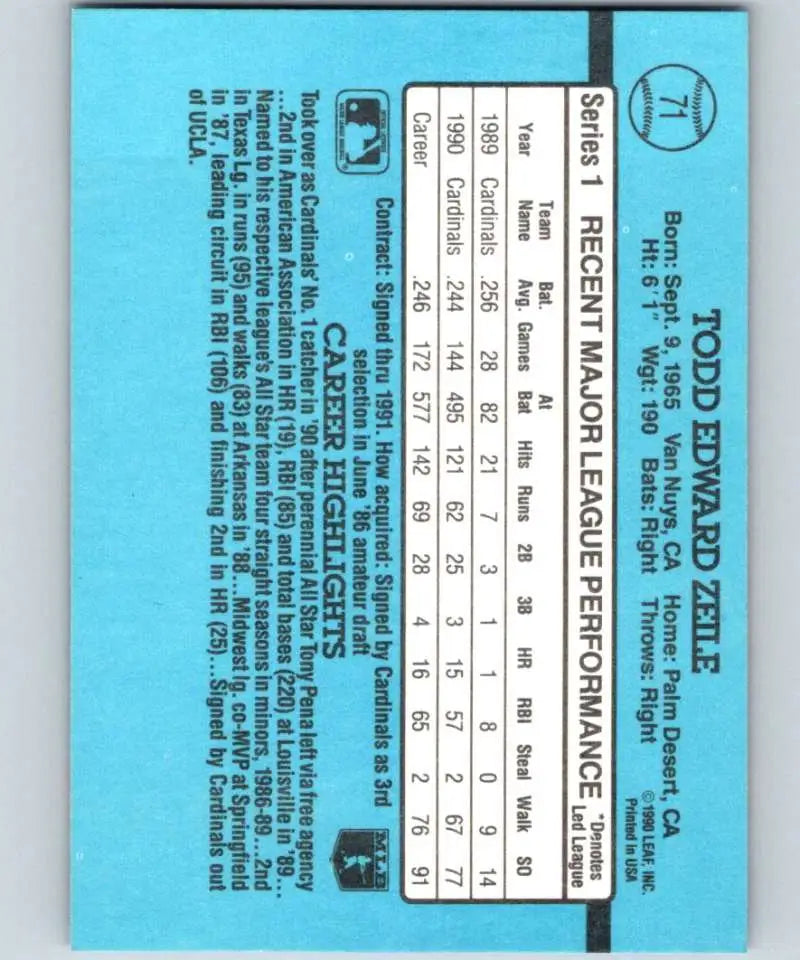 Blue performance statistics for Todd Zeile Louis Cardinals Baseball Card 1991 Donruss