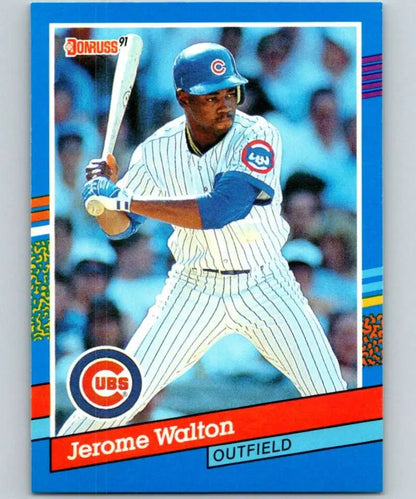 Jerome Walton Chicago Cubs baseball card featuring outfielder at bat in pinstripes