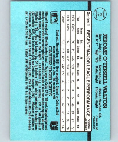 Light blue back of 1991 Donruss Jerome Walton Chicago Cubs Baseball Card with stats