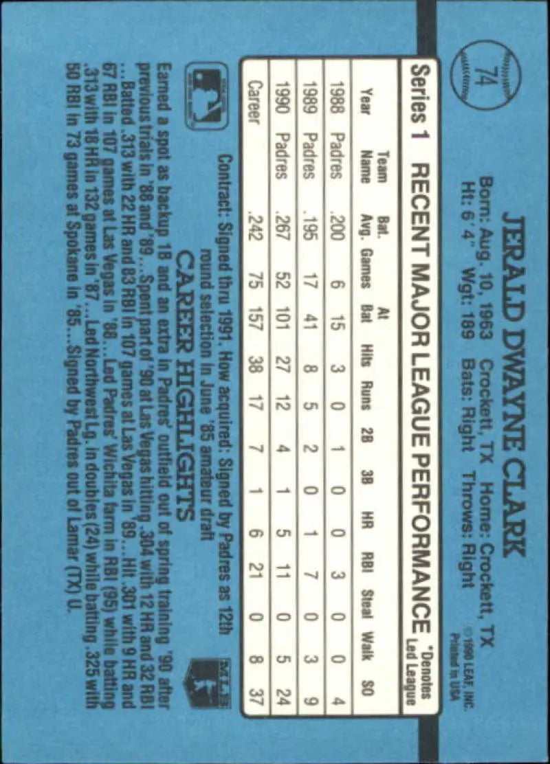 Jerald Clark 1991 Donruss #74 baseball card back with statistics on blue background