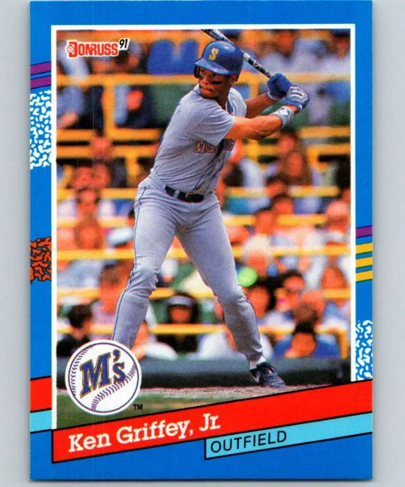 Ken Griffey Jr. batting in gray uniform on 1991 Mariners Baseball Card