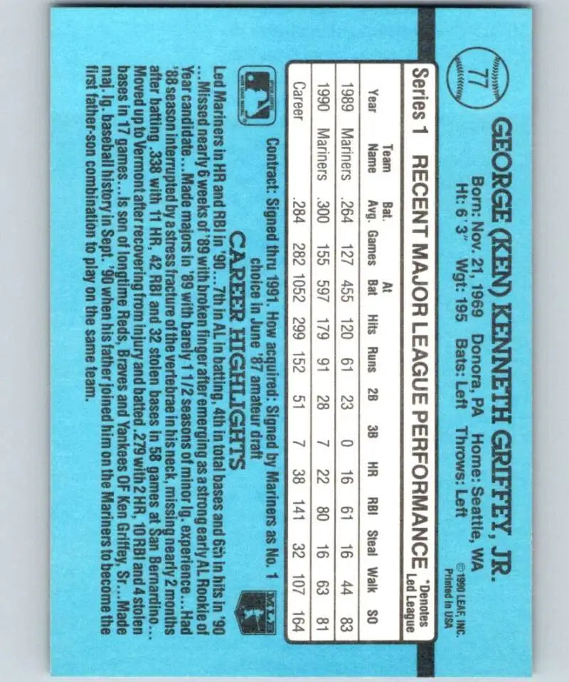 Light blue back of 1991 Donruss Ken Griffey Mariners Baseball Card showing stats