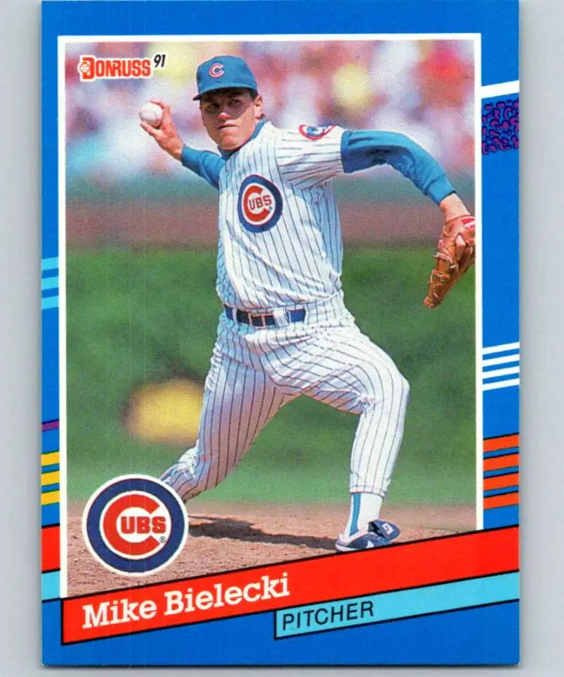 1991 Donruss #87 Mike Bielecki Chicago Cubs Baseball Card featuring a pitcher mid-delivery