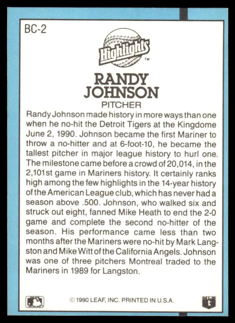 Randy Johnson baseball card from 1991 Donruss featuring Seattle Mariners pitcher