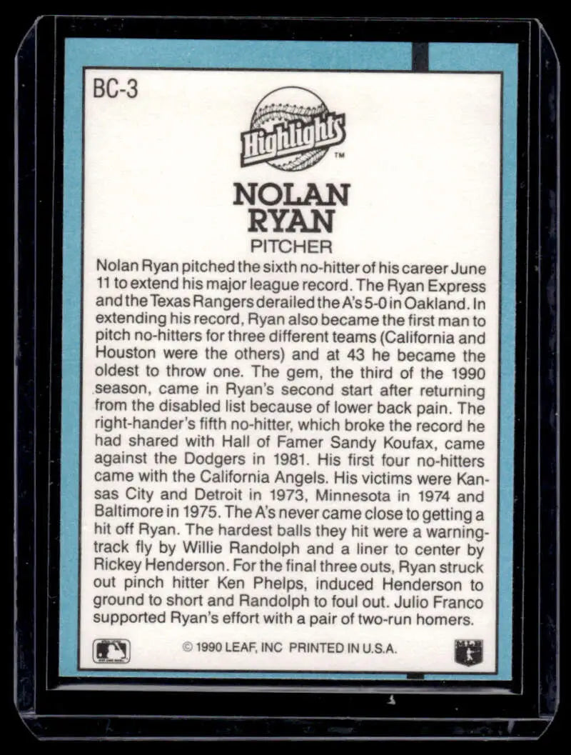 Nolan Ryan Texas Rangers baseball card showcasing his career statistics and achievements