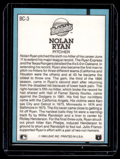 Nolan Ryan Texas Rangers baseball card showcasing his career statistics and achievements