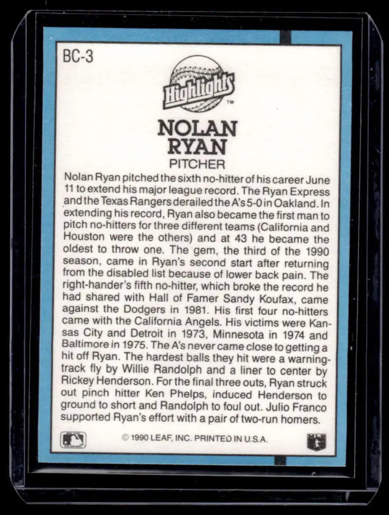 Baseball card of Nolan Ryan featuring Texas Rangers career statistics and achievements