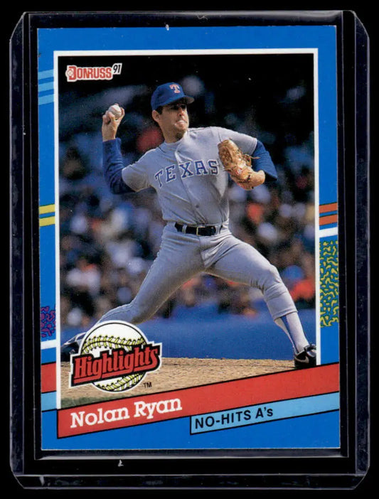 Nolan Ryan Texas Rangers pitcher baseball card in mid-throw gray uniform action shot