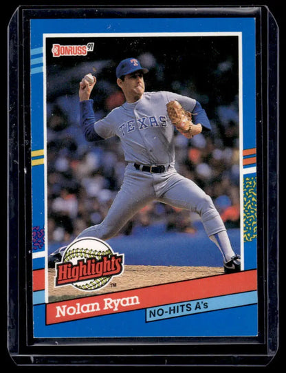 Baseball card of Nolan Ryan pitching in gray Texas Rangers uniform mid-throw