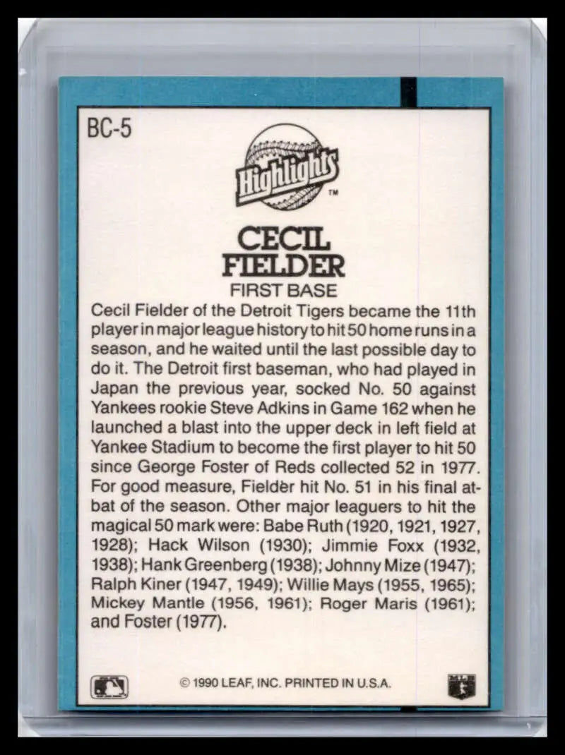 Cecil Fielder Baseball Card showcasing career highlights for Detroit Tigers fans