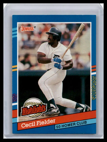 1991 Donruss Cecil Fielder baseball card featuring Detroit Tigers player at bat