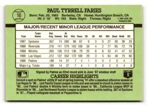 Baseball player statistics card for Paul Faries San Diego Padres with original gloss