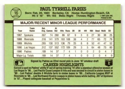 Baseball player statistics card for Paul Faries San Diego Padres with original gloss