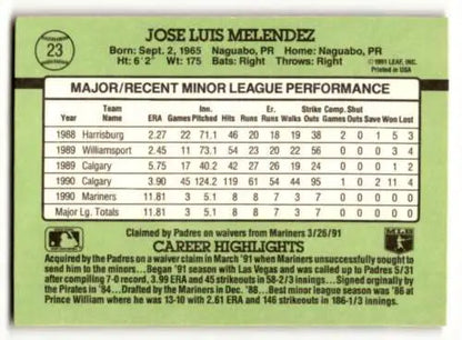 Baseball card featuring Jose Melendez San Diego minor league stats and career highlights