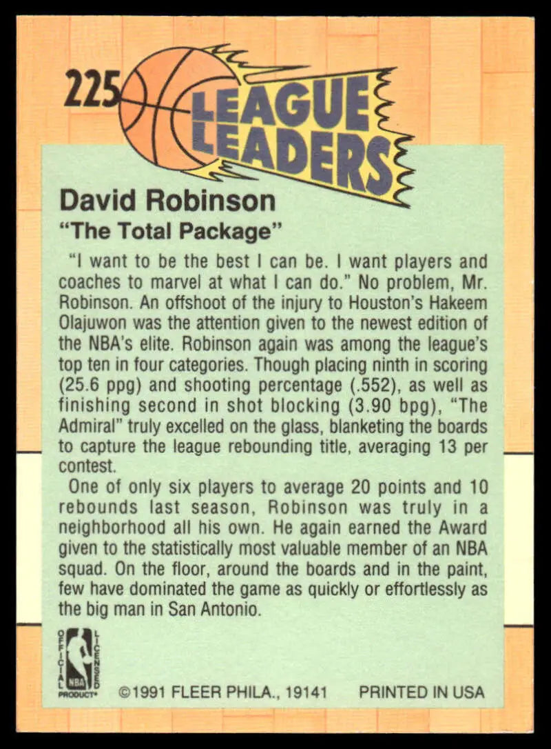 Basketball trading card of David Robinson with NBA League Leaders stats for San Antonio Spurs