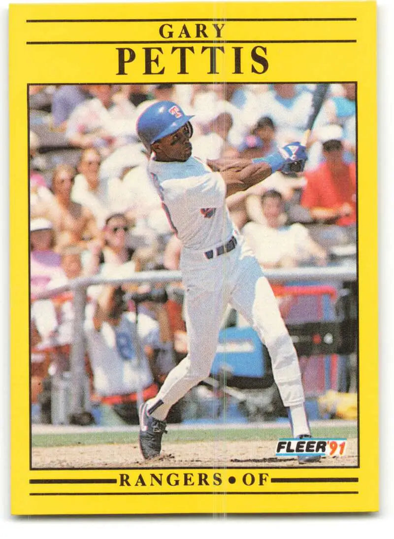 Yellow-bordered 1991 Fleer Gary Pettis Texas Rangers baseball card at bat