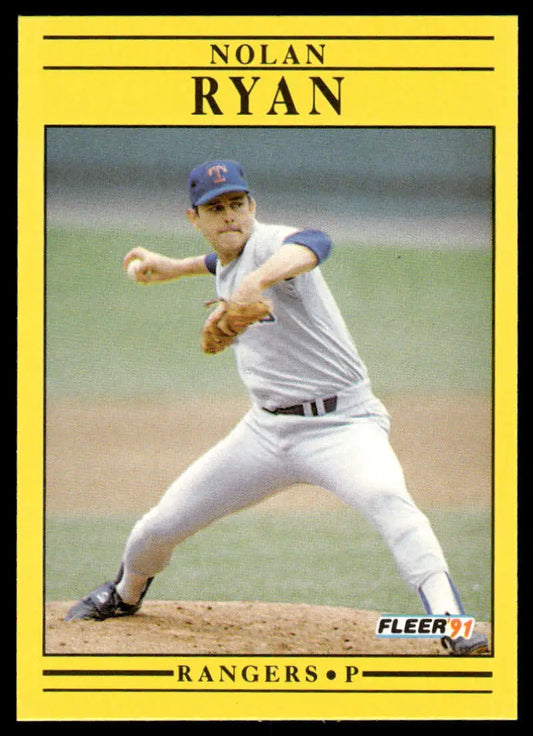 Nolan Ryan Texas Rangers Baseball Card with pitcher in mid-throwing motion