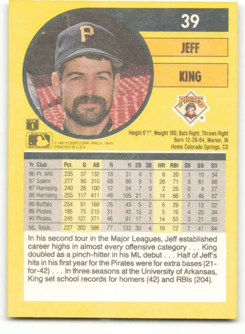 Jeff King Pittsburgh Pirates Baseball Card with Black P Cap on Yellow Background