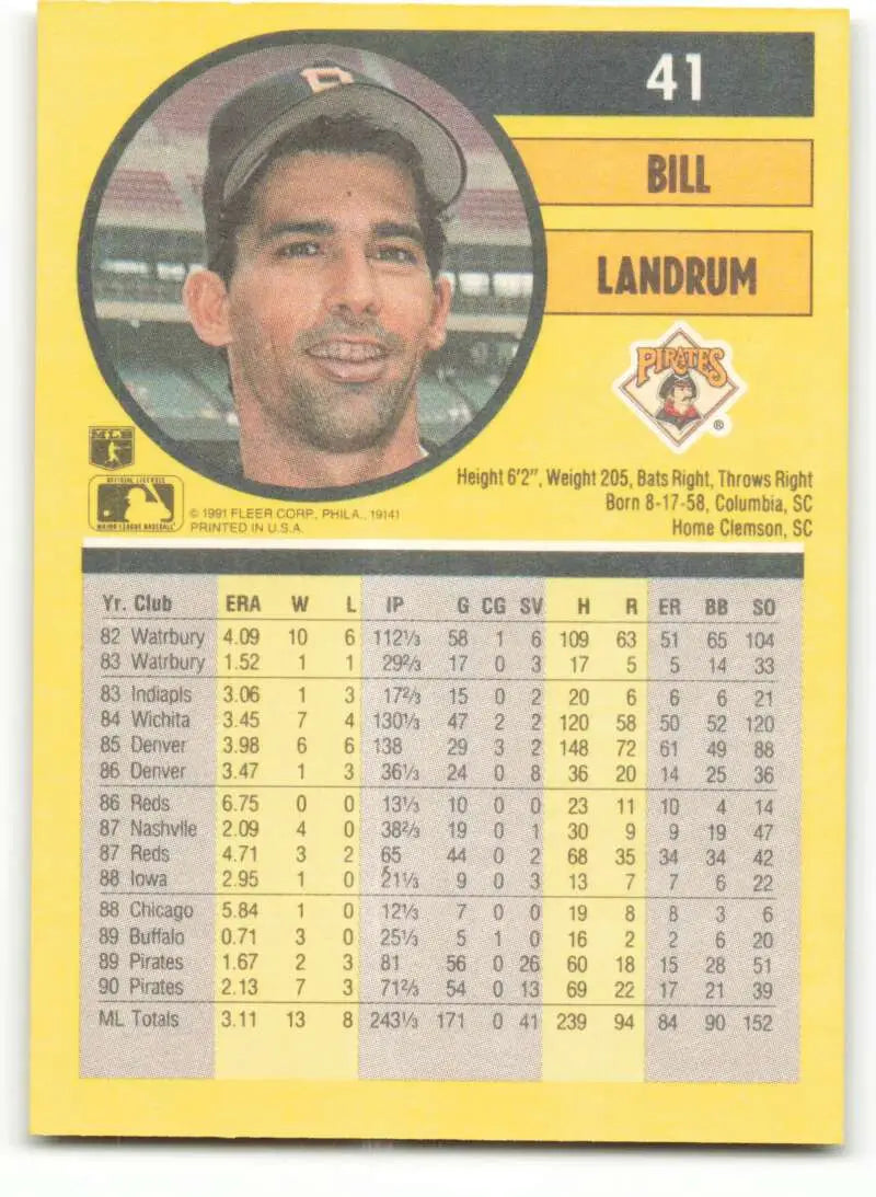 1991 Fleer #41 Bill Landrum Pittsburgh Pirates baseball card with player stats