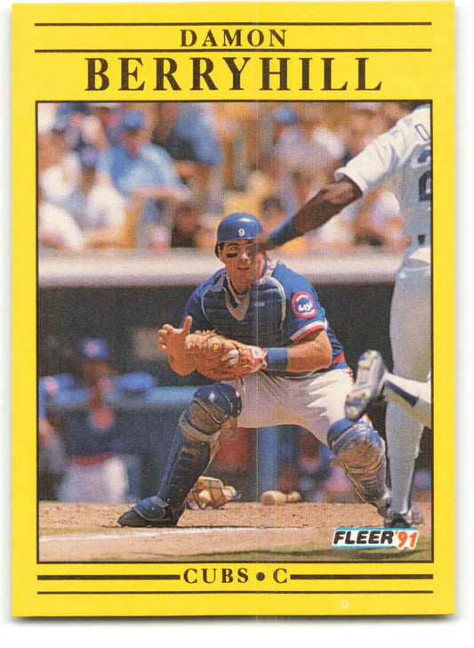 Yellow-bordered 1991 Fleer Damon Berryhill Chicago Cubs baseball card in crouched position