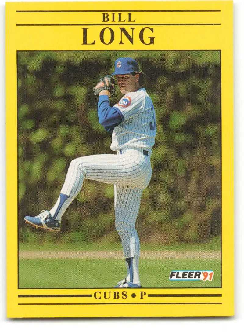 1991 Fleer #425 Bill Long baseball card showcasing Chicago Cubs pitcher mid-windup