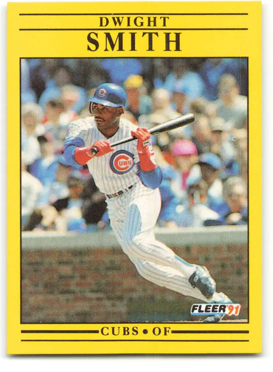 Yellow-bordered 1991 Fleer Baseball Card of Dwight Smith, Chicago Cubs Outfielder at Bat