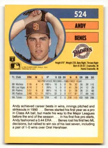 Andy Benes San Diego Padres baseball card with original gloss from 1991 Fleer #524