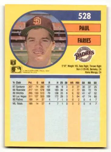 1991 Fleer #528 Paul Faries San Diego Padres Baseball Card with original gloss finish