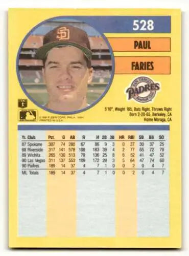 Original gloss 1991 Fleer Paul Faries San Diego Padres baseball card NM condition