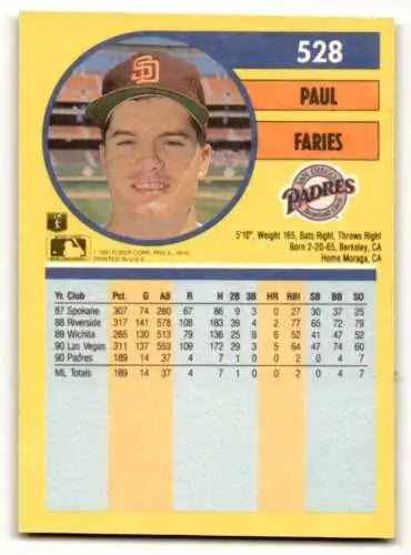 Paul Faries San Diego Padres baseball card 1991 Fleer #528 original gloss NM