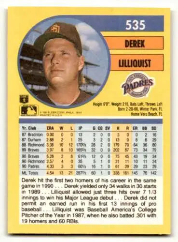 Derek Lilliquist San Diego baseball card with original gloss from 1991 Fleer #535