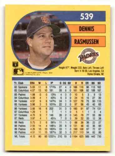 Dennis Rasmussen San Diego Padres baseball card from 1991 Fleer with original gloss