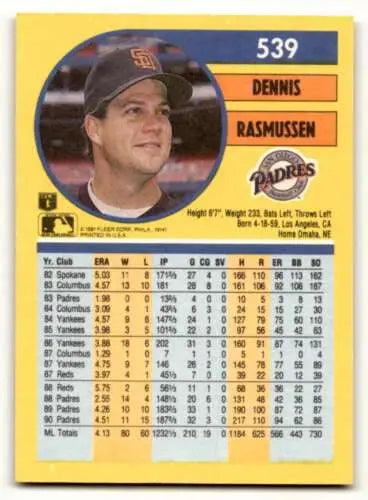 1991 Fleer #539 Dennis Rasmussen San Diego Padres Baseball Card with original gloss