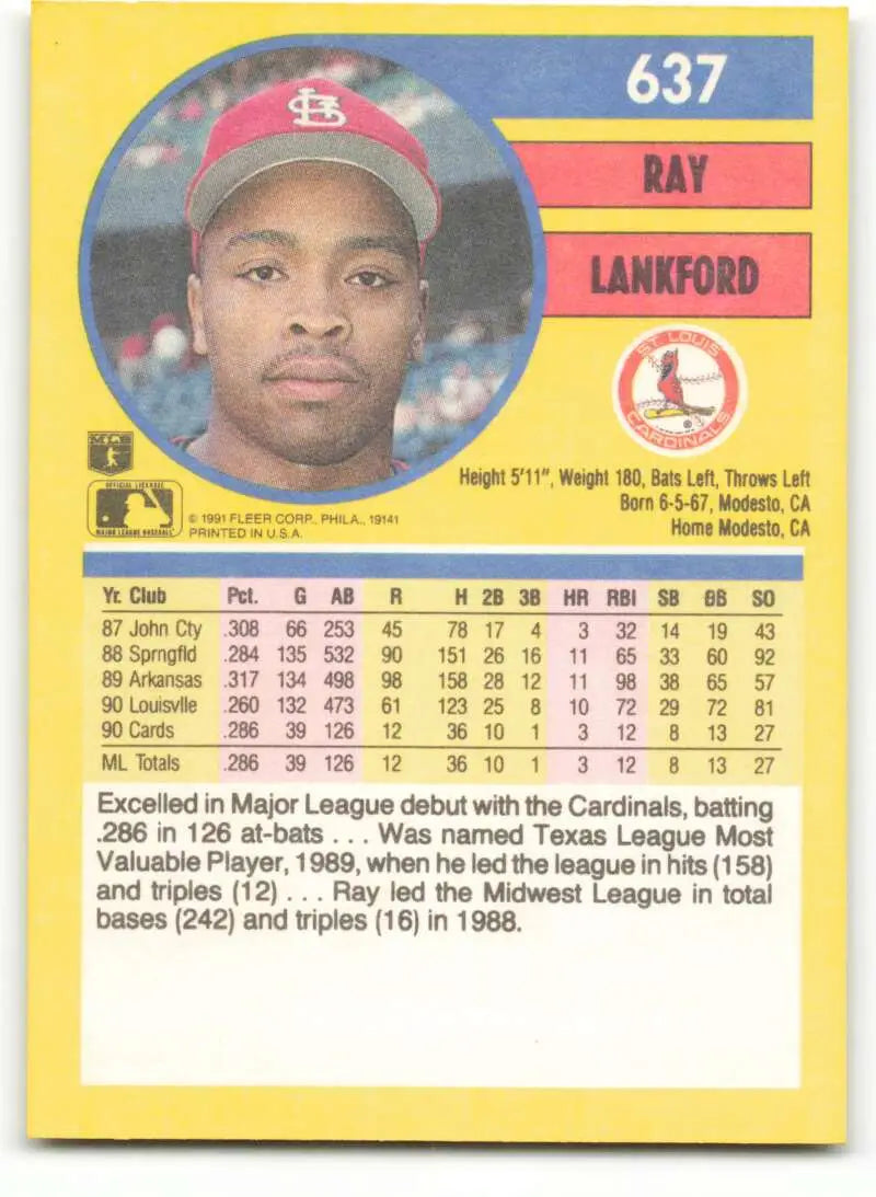 Baseball card featuring Ray Lankford in a red cap, St. Louis Cardinals NM-MT condition