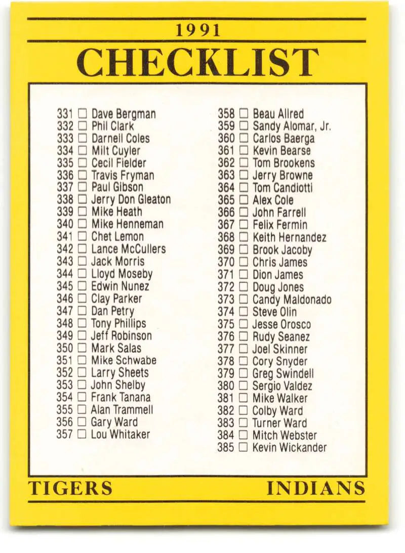 Baseball card checklist featuring player numbers for Detroit Tigers and Cleveland Indians