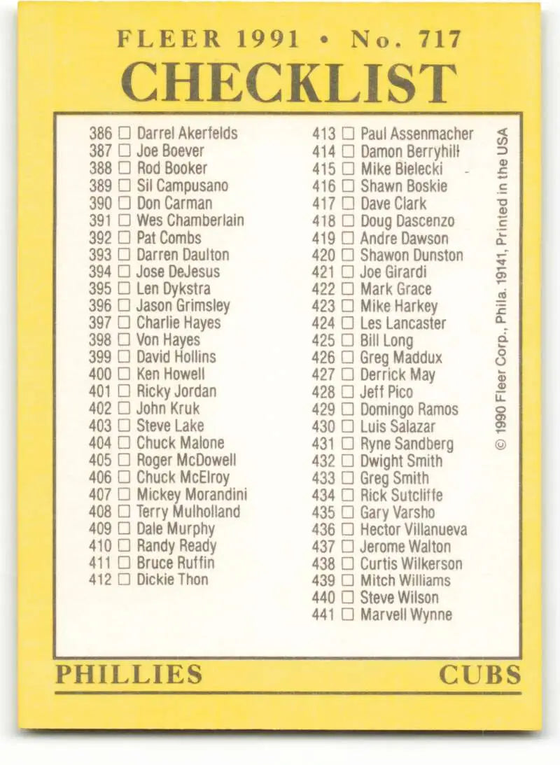 Yellow baseball card checklist from Fleer 1991 featuring Detroit Tigers and Cleveland Indians