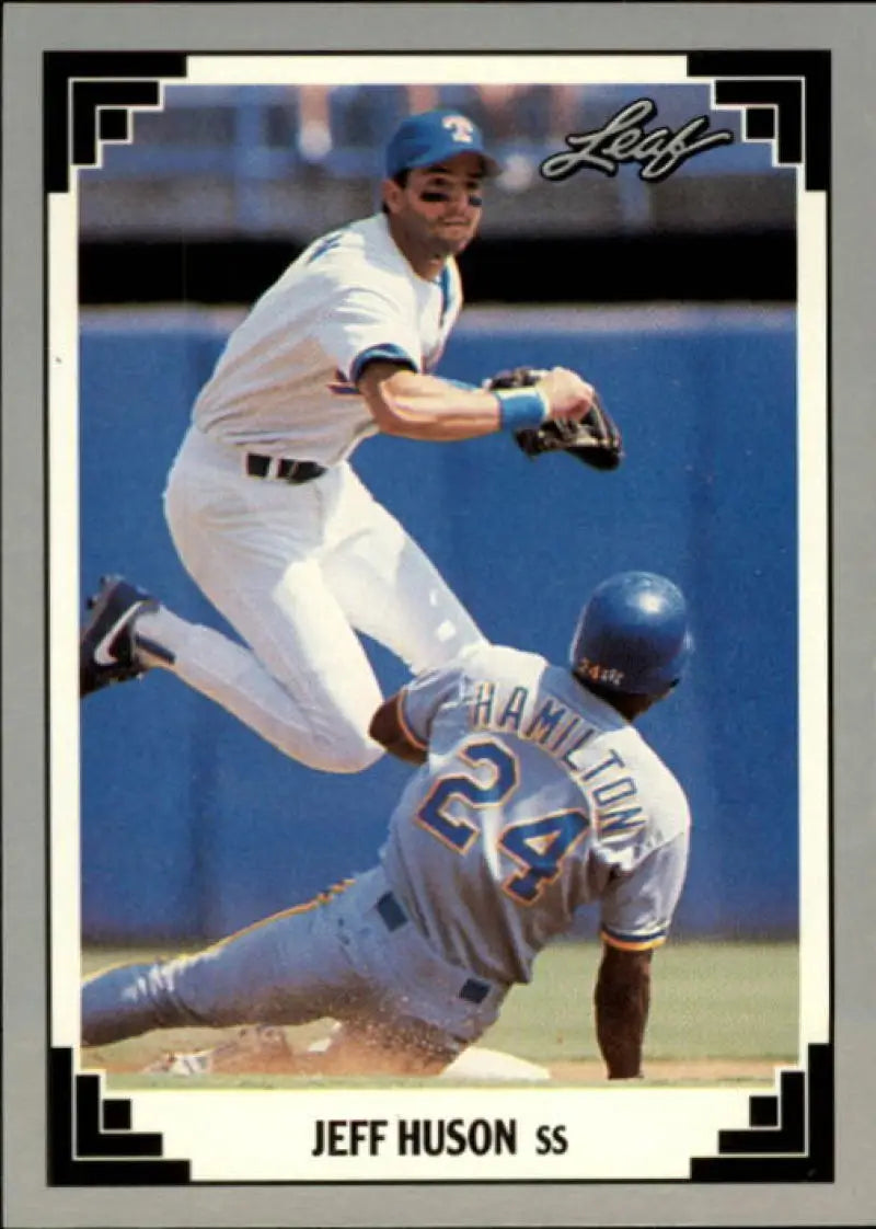 Baseball card of Jeff Huson in a double play attempt for Texas Rangers