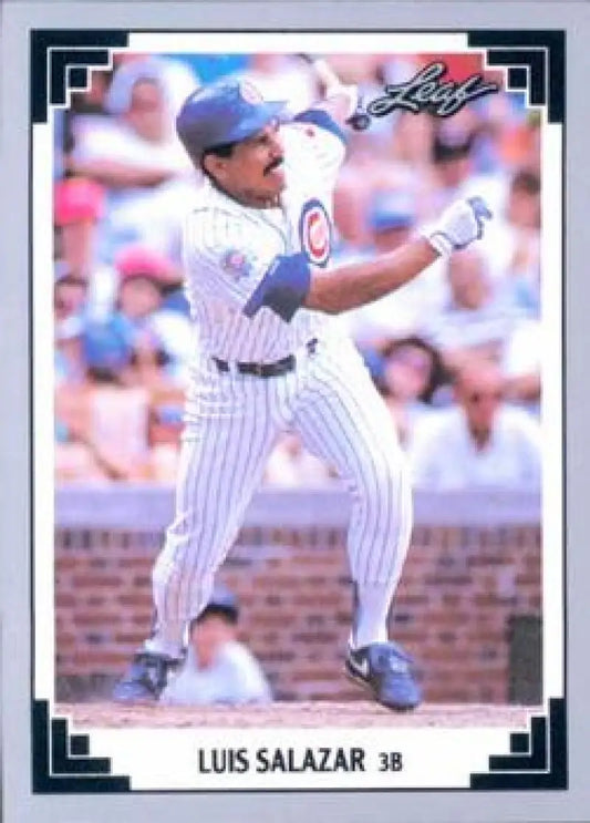 Baseball card of Luis Salazar in Chicago Cubs pinstriped uniform at bat