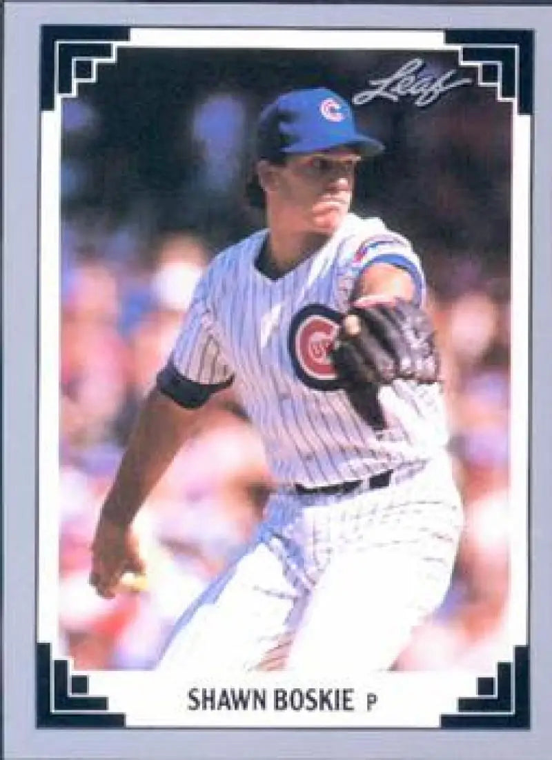 Shawn Boskie Chicago Cubs baseball card showing pitcher in white pinstriped uniform